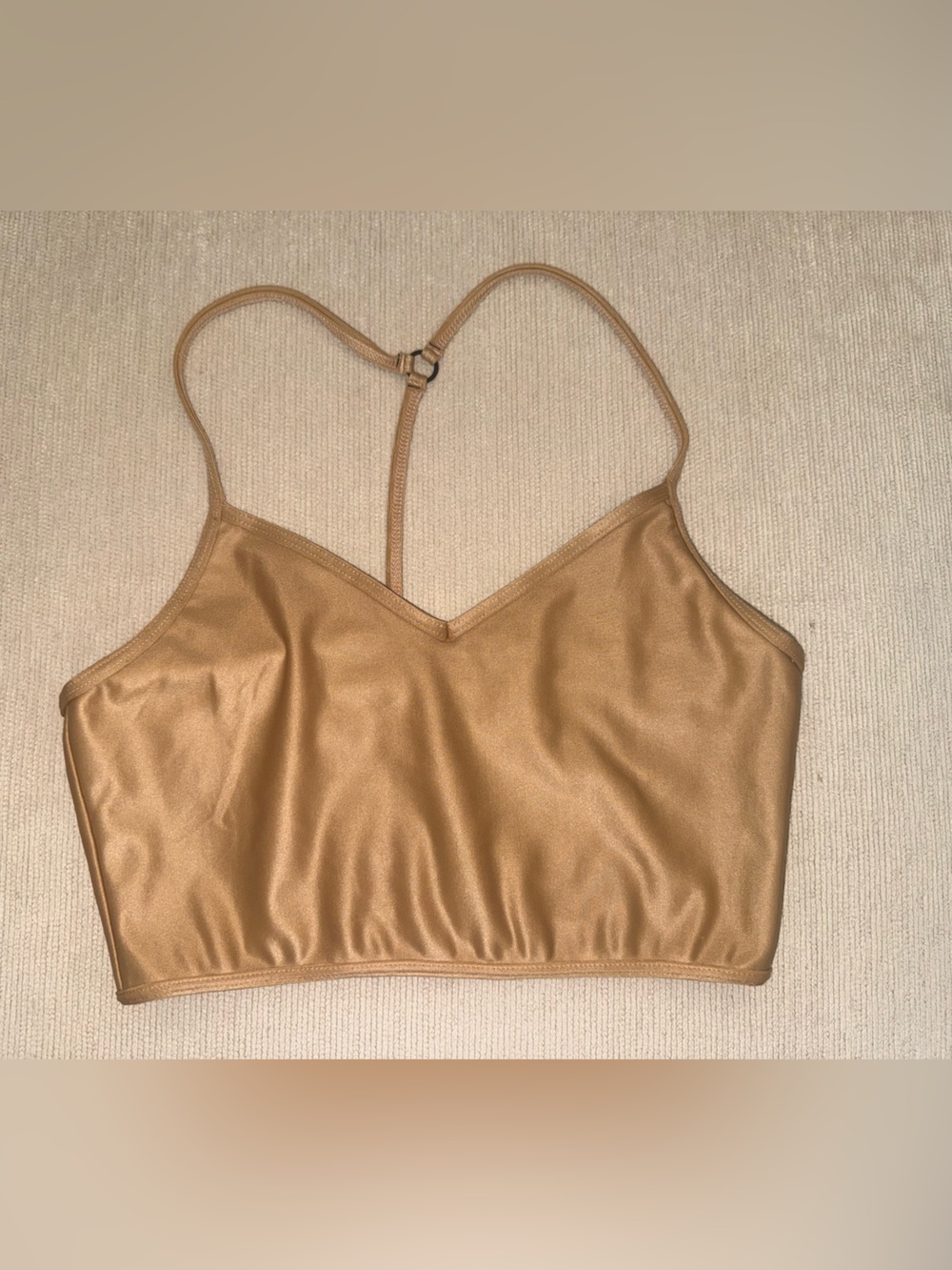 Koral Women’s Small Gold Shiny V-Neck Strappy Racerback Sports Bra Yoga Pilates